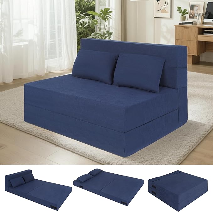 Fvkind Folding Sofa Bed, 4 in 1 Convertible Sleeper Sofa Bed Chair with Pillow, Twin Memory Foam Loveseat Futon Sleeper Chair, Foldable Futon Couch for Living Room, Bedroom, Guest Room, Blue