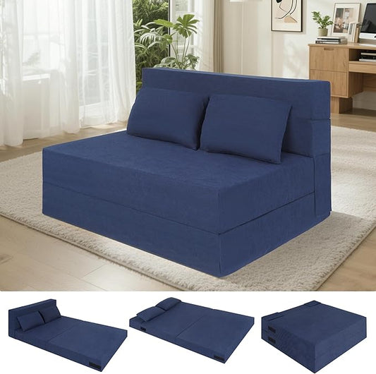 Fvkind Folding Sofa Bed, 4 in 1 Convertible Sleeper Sofa Bed Chair with Pillow, Twin Memory Foam Loveseat Futon Sleeper Chair, Foldable Futon Couch for Living Room, Bedroom, Guest Room, Blue
