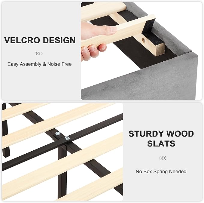 VECELO Full Bed Frame 4 Storage Drawers & Upholstered Platform &Tufted Adjustable Headboard/Mattress Foundation/Wood Slat Support,Easy Assembly,Dark Grey