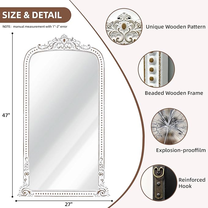 Full Length Wooden Mirror: 47x27 Inch Baroque Antique Floor Mirror - Ornate Long Body Mirrors Home Decor for Wall, Dressing Room, Bedroom, Cloakroom, Entryway