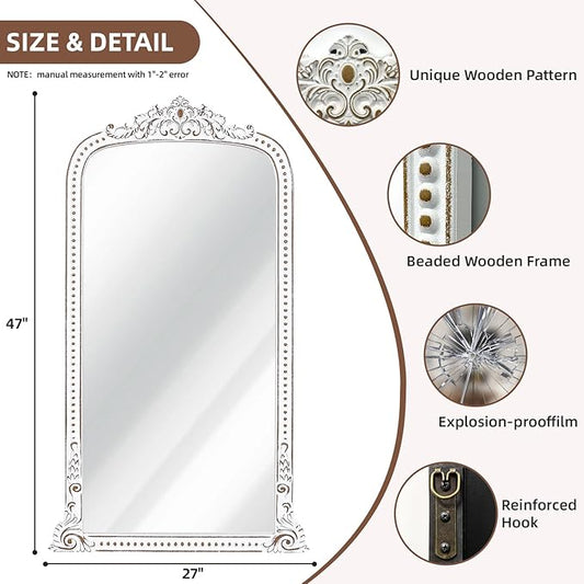 Full Length Wooden Mirror: 47x27 Inch Baroque Antique Floor Mirror - Ornate Long Body Mirrors Home Decor for Wall, Dressing Room, Bedroom, Cloakroom, Entryway