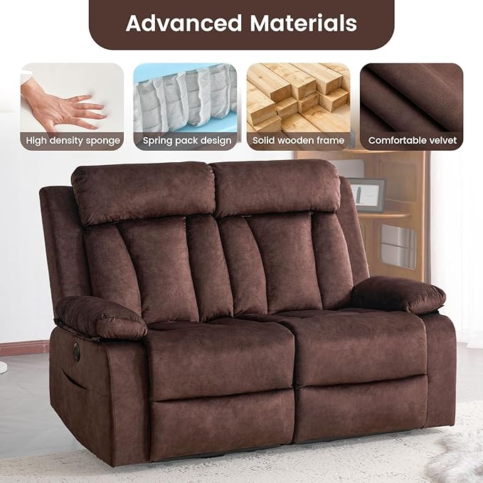 Power Reclining Loveseat with Massage & Heat, Loveseat Recliner Sofa with Cup Holders, Electric RV Sofa with USB/Type C/Side Pocket, Wall Hugger Recliner Loveseat for Living Room