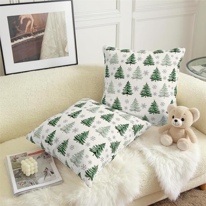Christmas Tree Pillow Covers 20x20 Set of 2 Green Xmas Outdoor Decorative Throw Pillow Cases Neutral Rustic Nature Forest Winter Snowflake Pillowcases for Farmhouse Living Room Decor