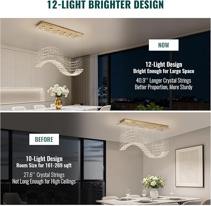 Siljoy 10-Lights Modern Crystal Chandeliers, Luxury Wave Raindrop Crystal Pedant Light Fixture, Rectangular Flush Mount Ceiling Light for Dining Room Living Room Kitchen Island 47 Inch