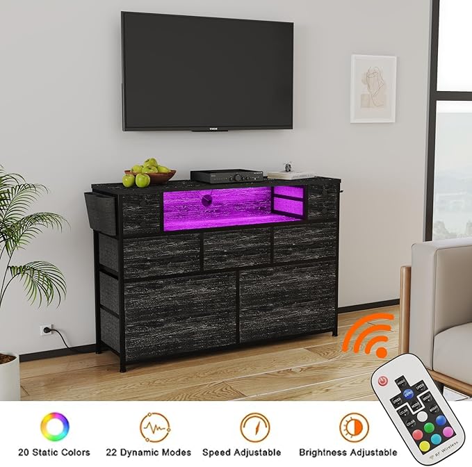Dresser TV Stand with Power Outlets and LED Lights for 55'' TV, 11 Drawers Dresser with Side Pocket, Fabric Chest of Drawers with PU Finish, Sturdy Frame & Wood Top (Charcoal Black)