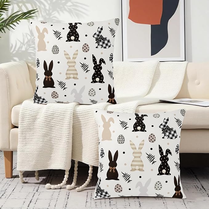 Easter Outdoor Bunny Pillow Covers 18x18 Set of 2 Black White Polka Dot Rabbit Eggs Pillow Case Farmhouse Holiday Cushion Covers for Sofa Couch Home Decor