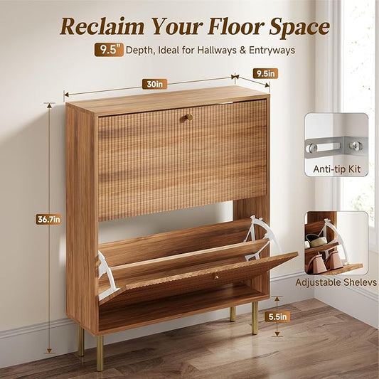 Nicetree Shoe Storage Cabinet for Entryway - 2 Flip Drawers Shoe Cabinet with Tiered Fluted Design - Slim Shoe Storage Rack with Gold Legs - Narrow Shoe Cabinet Hidden Shoe Organizer for Small Spaces