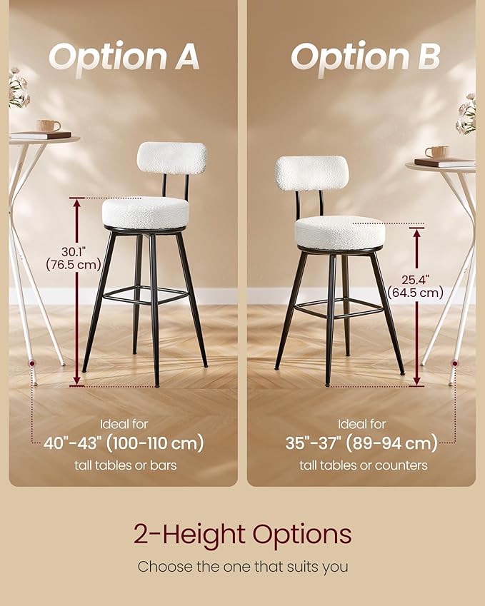 VASAGLE 360° Swivel Bar Stools Set of 2, Bar Height Bar Stools with Back, Boucle Fabric, Contemporary Modern, 30.1 Inch Tall, Kitchen and Home Bar, Cloud White ULBC131W01V1