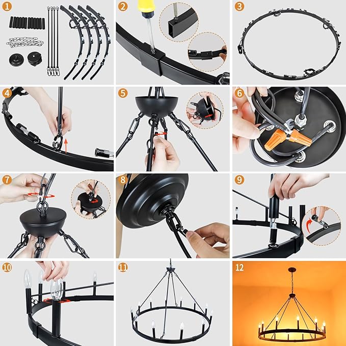 Black Wagon Wheel Chandelier 38 inch, 12-Light Black Round Industrial Farmhouse Chandeliers for High Ceilings Dining Room Living Room Foyer Entryway Outdoor Porch