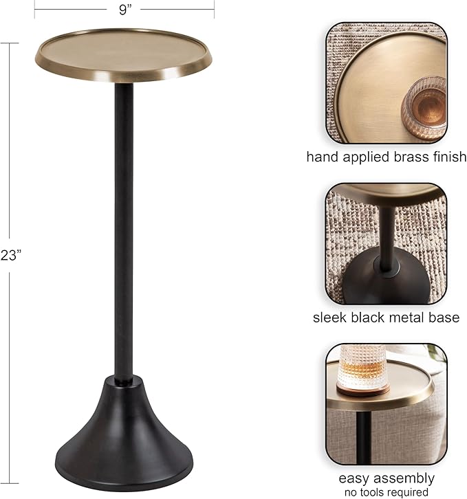 Kate and Laurel Sanzo Modern Pedestal Drink Table; 9 x 9 x 23; Antique Brass and Black; Decorative End Table with Hammered Tabletop for Use as Small Plant Stand or Living Room Martini Table