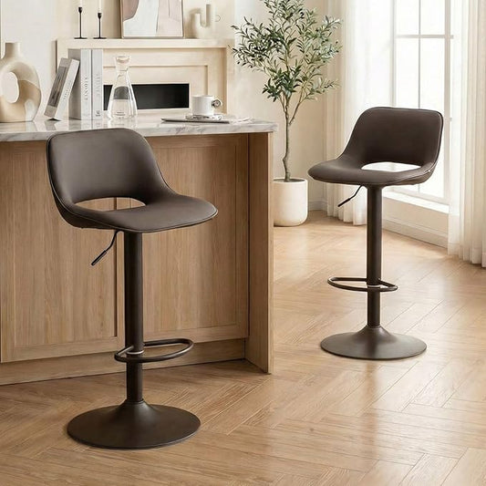 YOUNIKE Bar Stools Set of 2, Heigeht Adjustable Swivel Barstools, Counter Height Bar Stools Faux Leather Upholstered Counter Stools with Hollow Back for Kitchen Island, All Brown