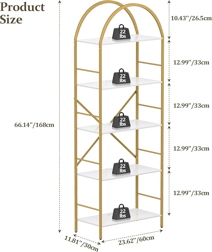 5 Tier Bookshelf Gold, 66.14 Inches Tall Arched Bookcase, Wide Storage Bookshelves with 4 Hooks, Stand Display Shelf for Living Room, Home Office, White and Gold