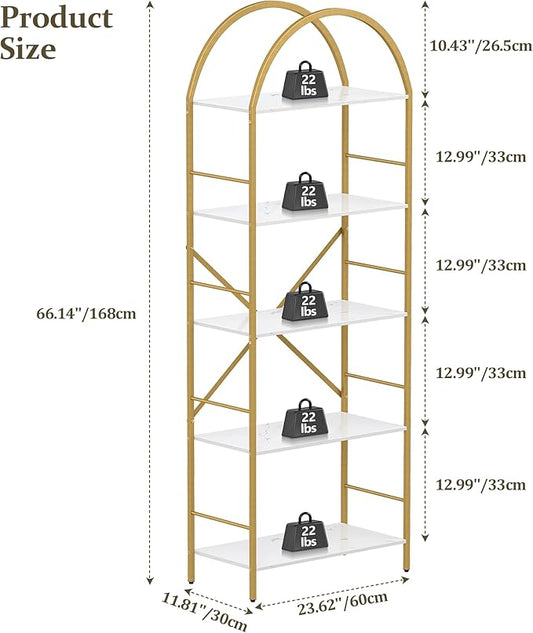 5 Tier Bookshelf Gold, 66.14 Inches Tall Arched Bookcase, Wide Storage Bookshelves with 4 Hooks, Stand Display Shelf for Living Room, Home Office, White and Gold