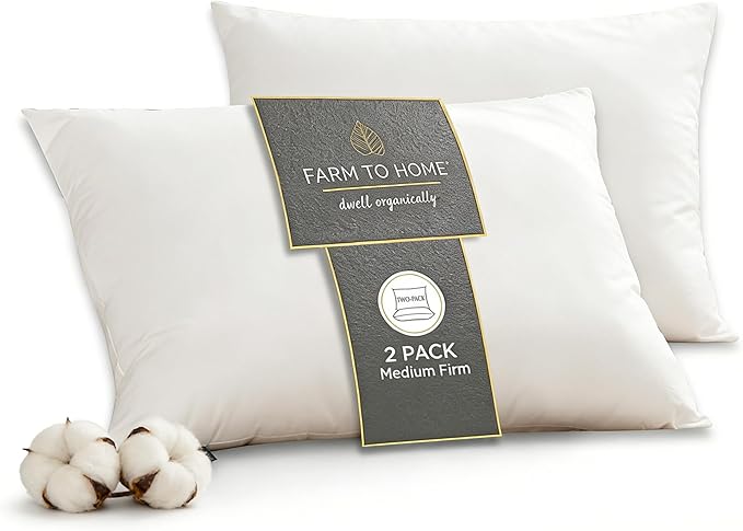 Farm to Home Feather and Down Pillows, 100% Organic Cotton Cover Pillows, Luxury Hotel Collection Bed Pillows for Sleeping, 20" x 28" Queen/Jumbo Size Set of 2