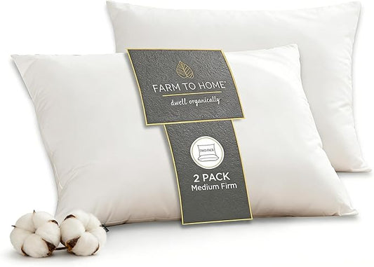 Farm to Home Feather and Down Pillows, 100% Organic Cotton Cover Pillows, Luxury Hotel Collection Bed Pillows for Sleeping, 20" x 28" Queen/Jumbo Size Set of 2