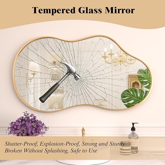 WEER Irregular Wall Mirror, 20x36 inch Gold Asymmetrical Wall Mounted Mirrors Decorative, Abstract Wavy Aluminum Alloy Frame for Bathroom, Bedroom, Living Room, Entryway