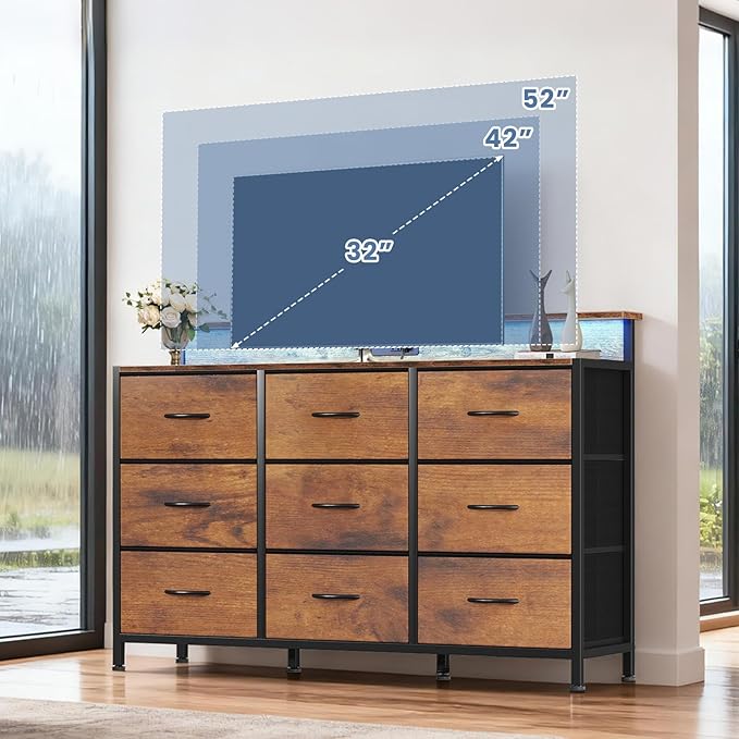 DUMOS TV Stand Dresser with 9 Fabric Drawers and Open Shelves, Entertainment Center with LED Lights, Charging Station for Bedroom, Wood Top Media Console for 45-55 inch TV Stand with Storage, Brown