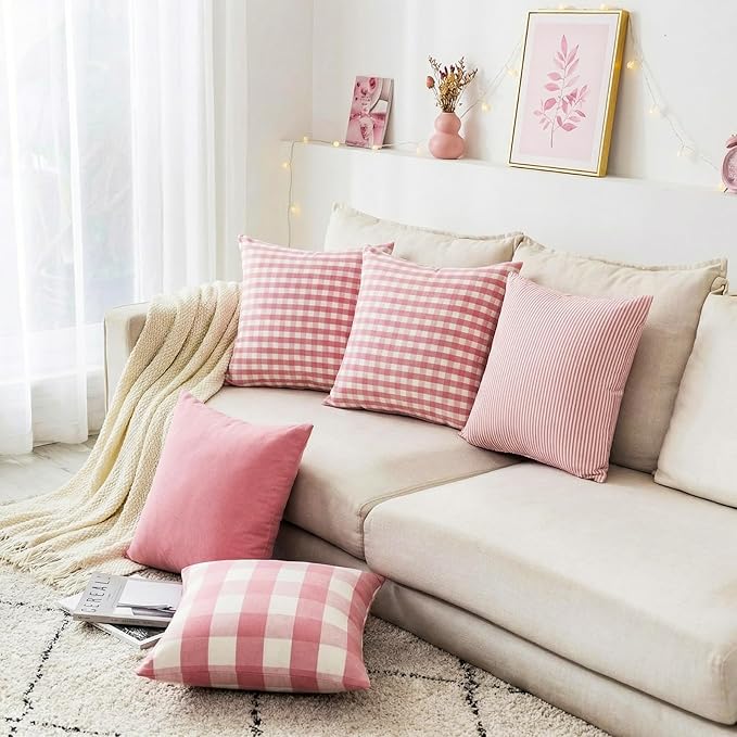 CARRIE HOME Farmhouse Pink Decorative Throw Pillow Covers 18x18 Inch Set of 4, Cute Light Pink Couch Pillow Covers 18 x 18， Spring Coquette Room Decor Boho Accent Cushion Covers for Sofa Bed