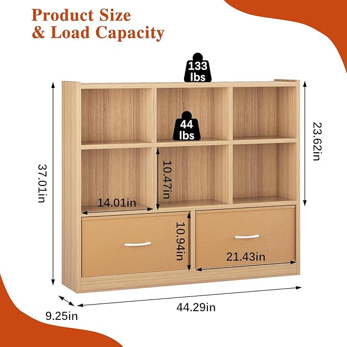 Cube Bookshelf Storage Organizer Bookcase,8 Cube Open Mid-Centur Shelf,Freestanding Display Bookshelve, Modern Wide Toy Shelf with Drawers for Bedroom Living Room Office (Natural)