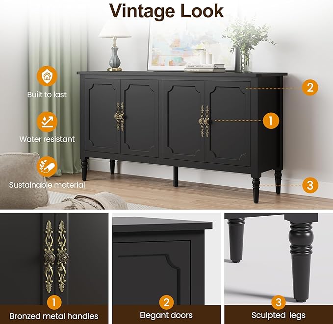 Console Table, 58'' Mid Century Modern Pantry Cabinet, Wood Buffet Sideboard, Media Credenza with 4 Doors, Accent Storage for Entryway, Living Room, Bedroom, Dining Room (Black)