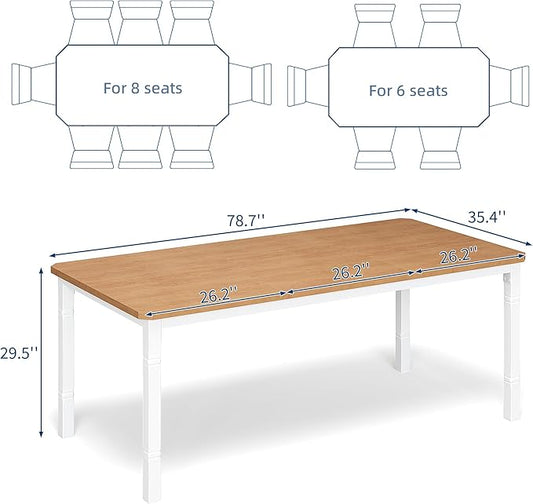 Garvee Large Dining Table for 6-8 People, 79" Wooden Kitchen Table with Sturdy Metal Frame, Dining Room Table for Dining Room, Kitchen, White Leg & Natural