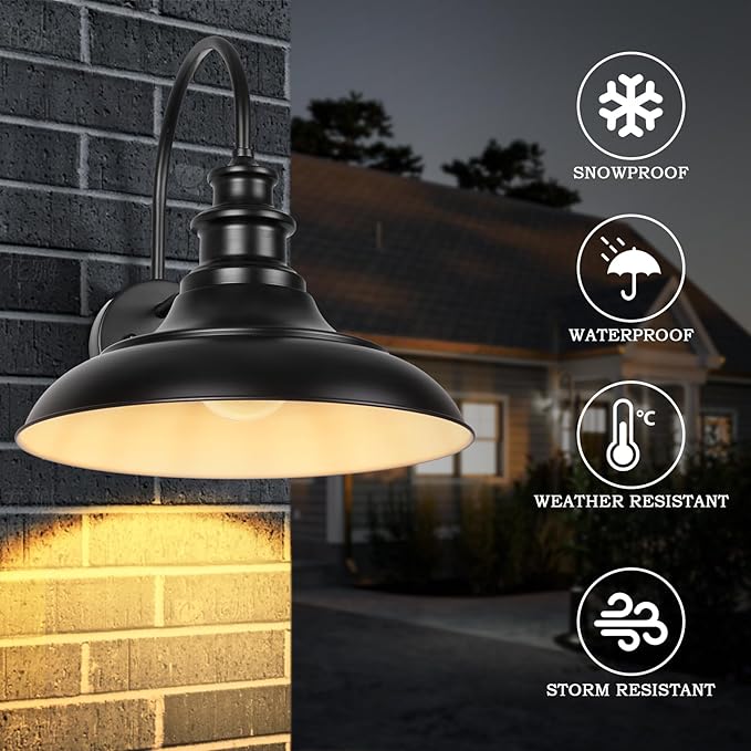 Dusk to Dawn Sensor Outdoor Barn Light Fixtures, 12.3 Inch Dome Farmhouse Outdoor Wall Sconces, Exterior Wall Mount Lights, Industrial Black White Wall Lanterns for Porch, DDRZ004-2 BK+WH
