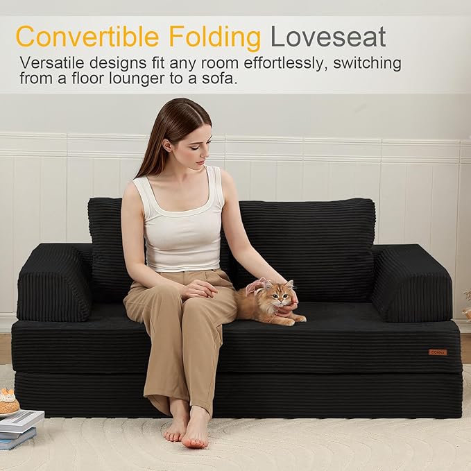 COMAX Futon Sofa Bed, Convertible Folding Sofa Bed, Boneless Couch Loveseat Corduroy with Pillows, Small Foldable Floor Couch Comfy Lounge Sleeper for Living Room Bedroom, Black