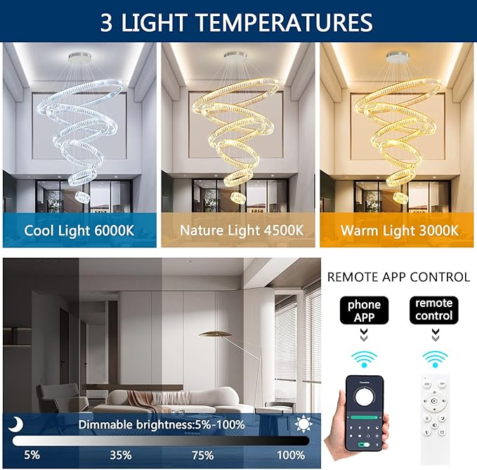 Large Ring Chandelier Modern Crystal Chandeliers for High Ceiling Round LED Dimmable Ceiling Light Fixture for Foyer Long Stair Silver 8''+16''+24''+32''+40''+47''