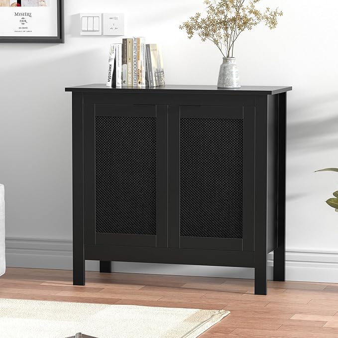 Giluta Black Sideboard Buffet Cabinet, Farmhouse Kitchen Storage Cabinets with 2 Rattan Doors, 30''H Boho Cabinet with Solid Wood Feet for Entryway, Living Room, Hallway