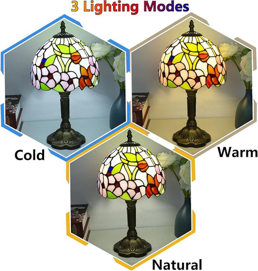 Crefotu Tiffany Style Table Lamp, 3 Color Temperatures Bedside Lamp, 8 Inch Stained Glass Desk Light for Home Office Bedroom Living Room (Four-Leaf Flower Pattern)
