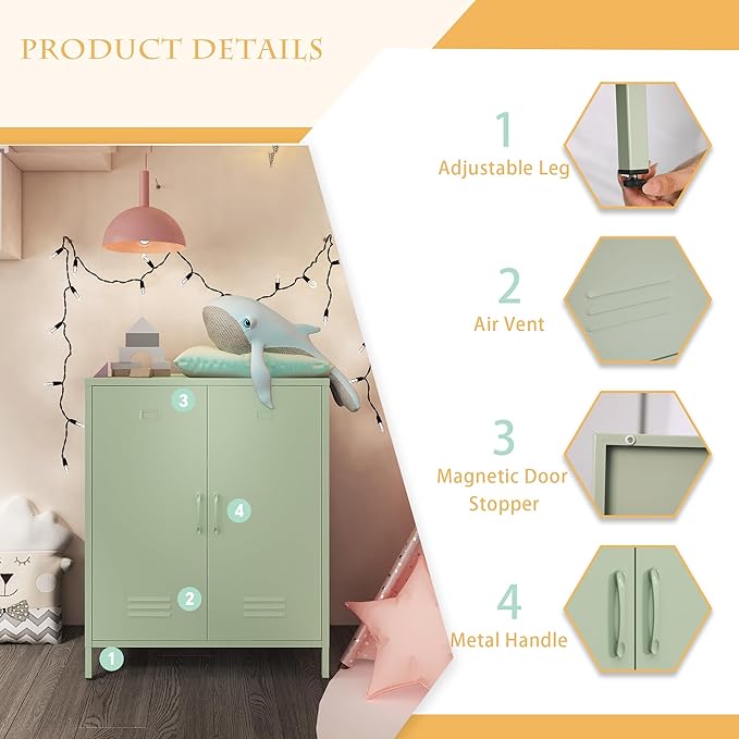 Metal Storage Cabinet with 2 Door, Steel Locker Sideboard Buffet Cabinet Console Table for Home Office (Green, H35.43'')