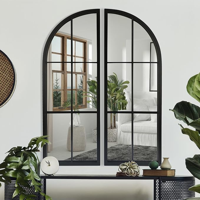 Black Arched Mirror Set of 2,Window Pane Mirror for Wall Decor,Farmhouse Wall Mounted Mirrors for Entryway,Hallway,Living Room,Fireplace.2-Pack 38"X13.4"