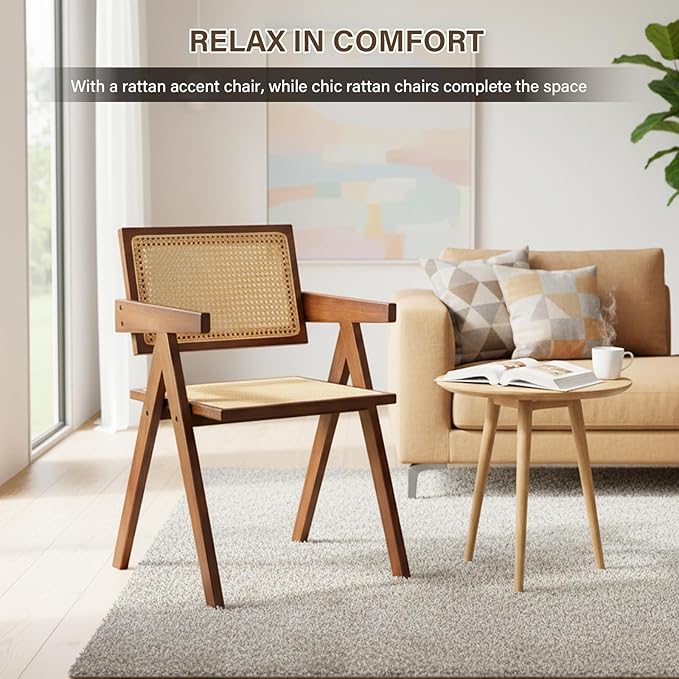 Rattan Accent Chairs, Modern Mid Century Dining Chairs Set of 4, Comfy Armchairs, Outdoor Rattan Chairs with Armrest for Bedroom Living Room Reading Room Dining Kitchen, Brown