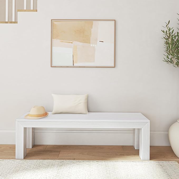 Plank+Beam 60 Inch Dining Bench for Dining Room & Kitchen, Wooden Outdoor & Entryway Bench, White Wirebrush