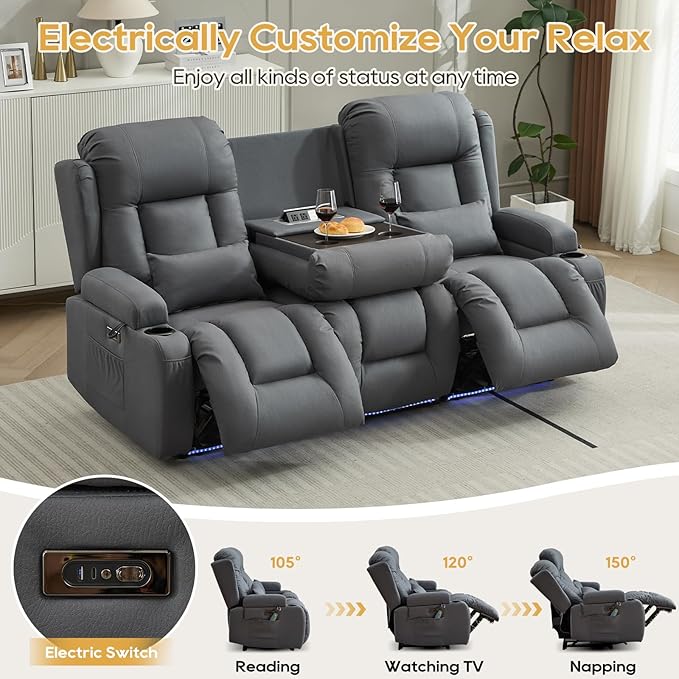 IPKIG Power Recliner Sofa with Flip-Up Backrest Console, USB & USB-C Ports, AC Outlet, LED Lights, Wall Hugger Recliners for Living Room, RV (Light Blue, 76.8" - 3 Seat) | Leathaire Fabric, Zero Gravity, Dual Reclining, 2 Lumabr Pillow