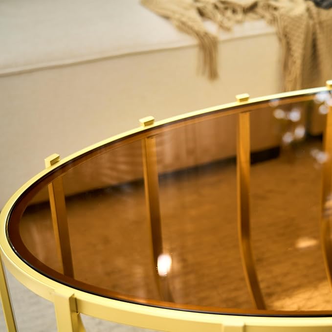 Saint Mossi Glass Oavl Coffee Table for Living Room, Modern 2-Tier Gold Center Table, Brown Glass Top and Brown Mirror Shelf with Gold Finish Legs & Frame