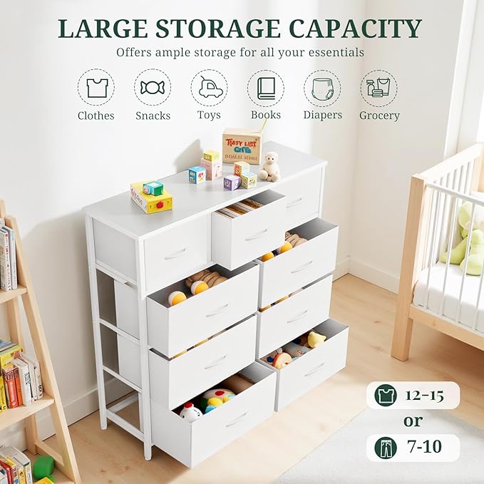 9-Drawer Dresser for Bedroom, Anti-Tip Tall Storage Organizer Chest of Drawers with Wooden Top and Metal Frame Fabric Bins for Closet, Living Room, Hallway, Entryway, White