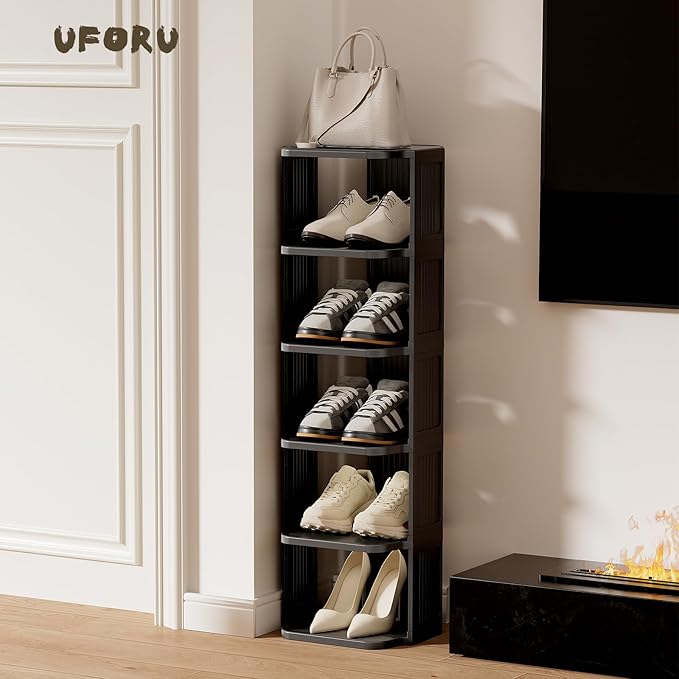 Small Shoe Rack, 5 Tier Plastic Vertical Shoe Rack for Small and Narrow Spaces, Free Standing Shoe Organizer for Closet, Entryway (Black)