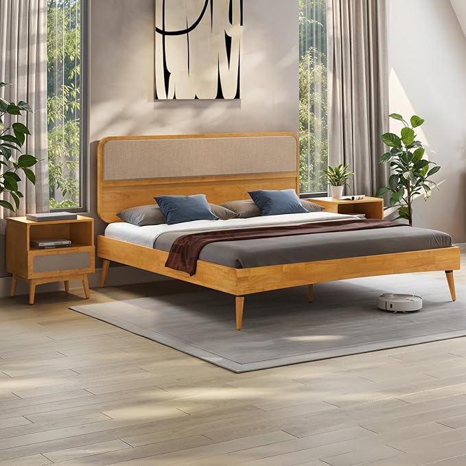 Bme Calista King Size Bed Frame – Solid Wood Platform Bed with Upholstered Headboard, Teak Brown Finish, Mid-Century Modern Style with Sturdy Slats & Tapered Legs, No Box Spring Needed