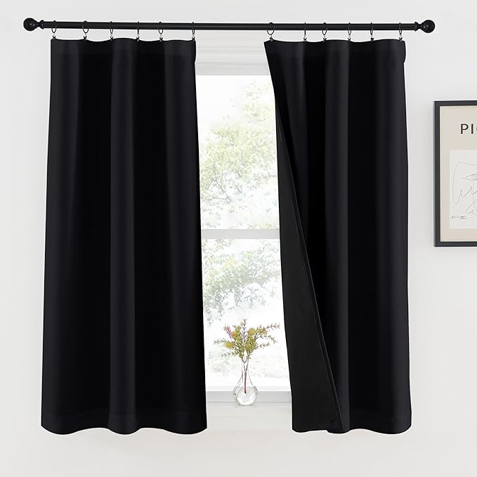 NICETOWN 100% Blackout Kitchen Curtains 54 inches Long, Double-Deck Completely Blackout Window Treatment Thermal Insulated Lined Rod Pocket Drapes for Infant (Black, 1 Pair, 37" Width Each Panel)