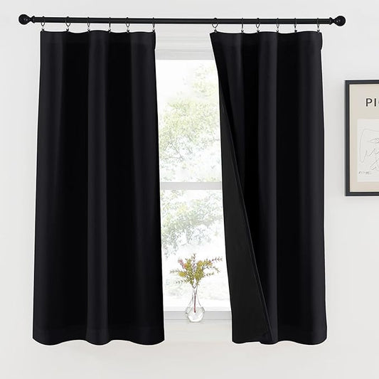 NICETOWN Black 100% Blackout Curtains 45 inches Long for Kitchen, Rod Pocket Basement Completely Blackout Window Treatment Thermal Insulated Lined Drapes for Small Window (1 Pair, 37" Width per Panel)