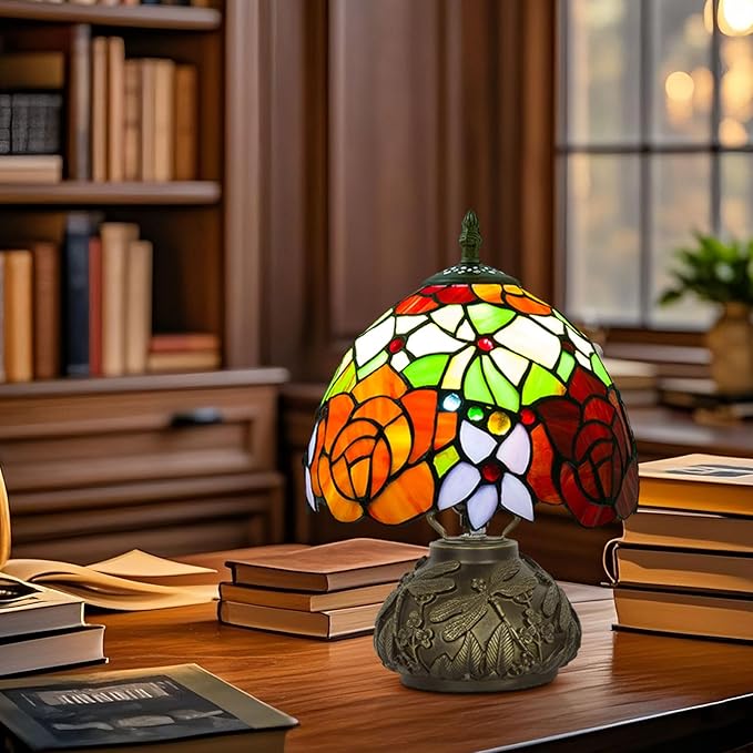 Small Tiffany Table Lamp,Stained Glass Lamp,8 Inch Mushroom Style Mini Vintage Desk Lights for Bedside, Bedroom,Nightstand,Living Room,3 Color Temperature (Tow Tone Rose)