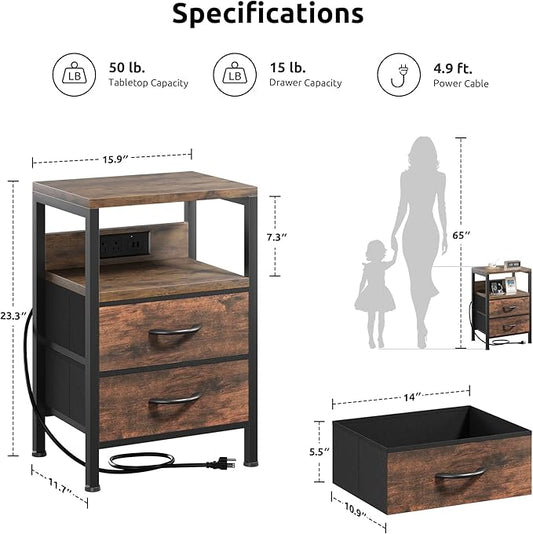 NightStand Bedside Charging Table Bedroom - Brown Night Stand with Charger Station, Modern Bed Side End Table with Open Shelf & 2 Fabric Drawers, USB-C Port for Dorm, Living Room
