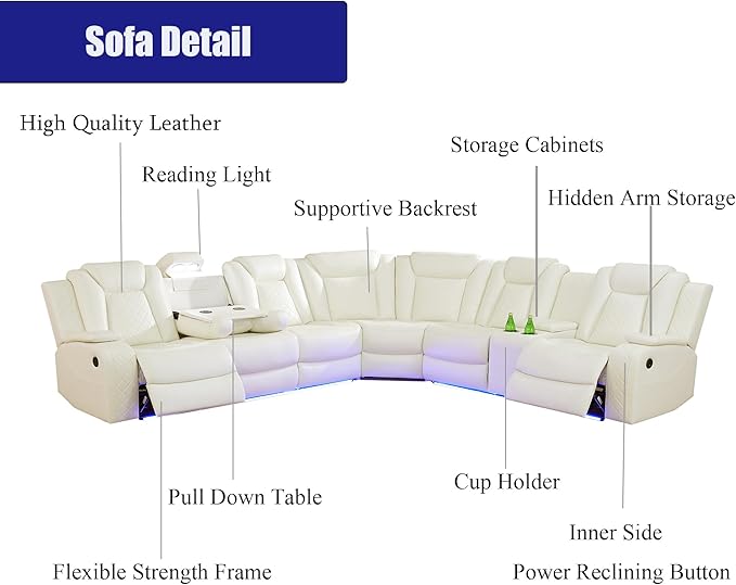 7-Seated Power Recliner Sectional Sofa, Power Recling Sectional Sofa Couch, Recliner Couch Set Living Room Furniture Sets, Comfy Leather, Cup Holder, Storage for Living Room/Home/Office