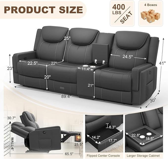 Dresegmt Recliner Sofa, 2 - Way Multi - Function Manual 3 Seater Couch with Cup Holders, Storage & USB Ports, Modern Multifunctional Sofa, Breathable Grey PU Leather Reclining Couch for Living Room