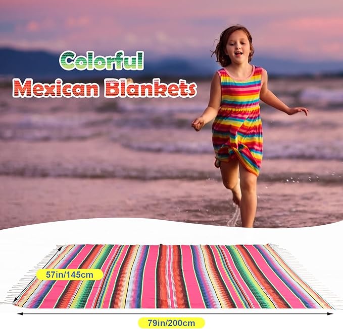 Tatuo 8 Pcs Large Mexican Blankets Bulk Authentic Mexican Serape Blanket Mexican Striped Throw Blanket Colorful Fiesta Beach Blanket Fringe Cotton Yoga Blanket for Home Office Outdoor Camping Picnic