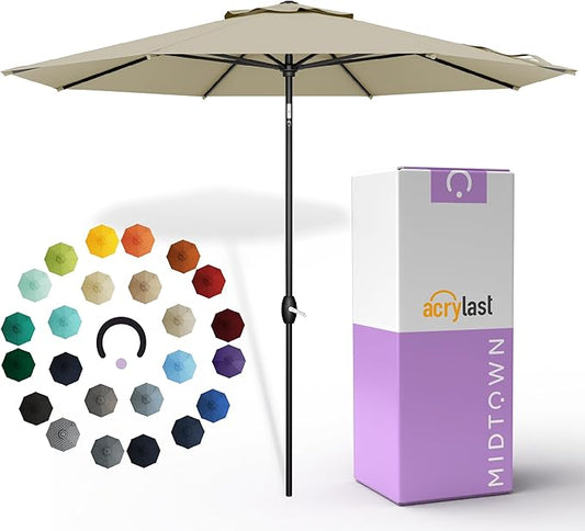 Midtown Umbrellas – The Lean 8 Ft Patio Umbrella with 10-Year-No-Fade Acrylast Acrylic Fabric, Auto-Tilt and 8 Reinforced Ribs for Deck, Pool, Garden, Hotel & Cafes – Sahara Canopy, Black Pole