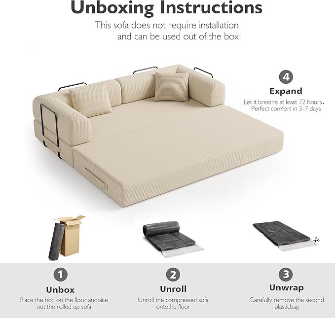 79in Convertible Sofa Bed, Corduroy Boneless Couch Bed, Futon Sleeper Sofa Pull Out Bed, Foldable Couch for Living Room Apartment, No Assembly Required