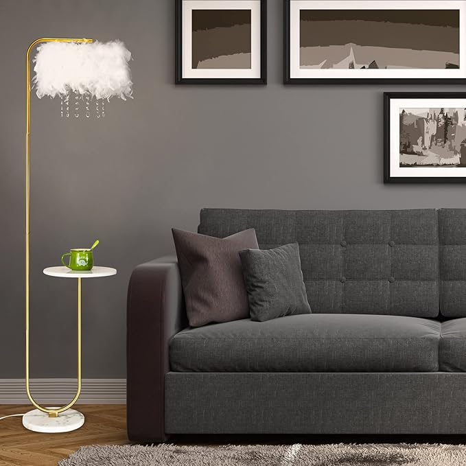 beaysyty Unique Led White Feather Floor Lamp with Tray,Ostrich Feather Stand Lamp,Living Room Bedroom Office Shop Window Decoration Lamp,Foot Switch and Brass/Gold Finish Arc Floor Lamp