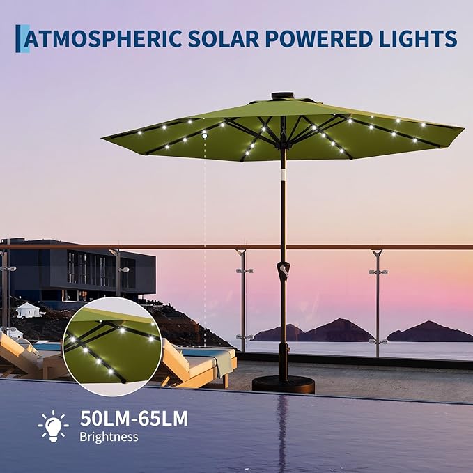 Garvee 9FT Solar Patio Umbrella with 32 LED Lights - Outdoor Table Umbrella with Crank Lift, Push Button Tilt and 8 Sturdy Ribs - Market Umbrella UV Protection for Pool, Deck, Yard, Garden